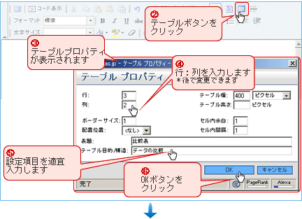 テーブル（表）挿入操作方法画面